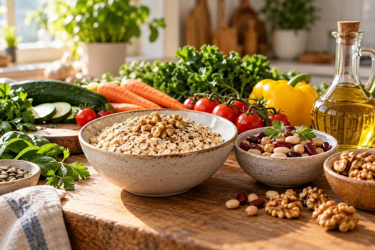 Illustrative oats, beans, walnuts and vegetables