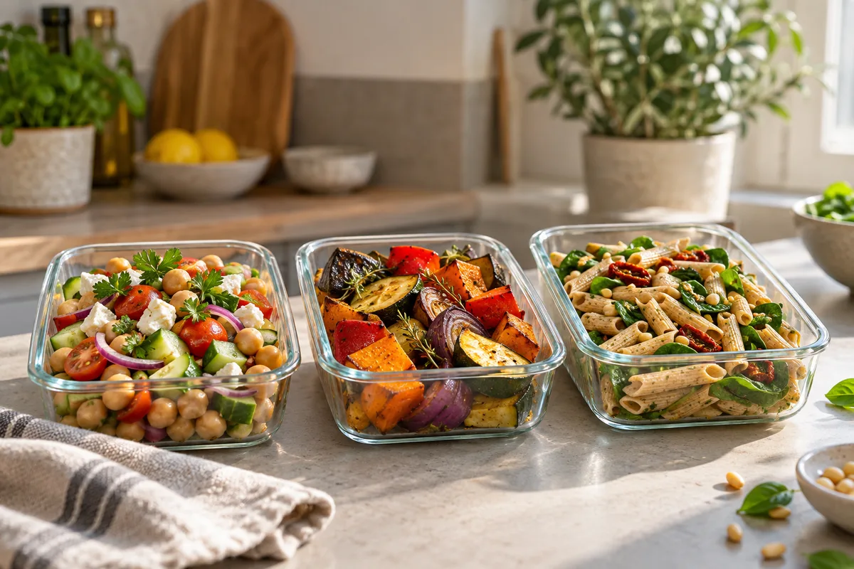 Three colourful packed lunches in glass containers