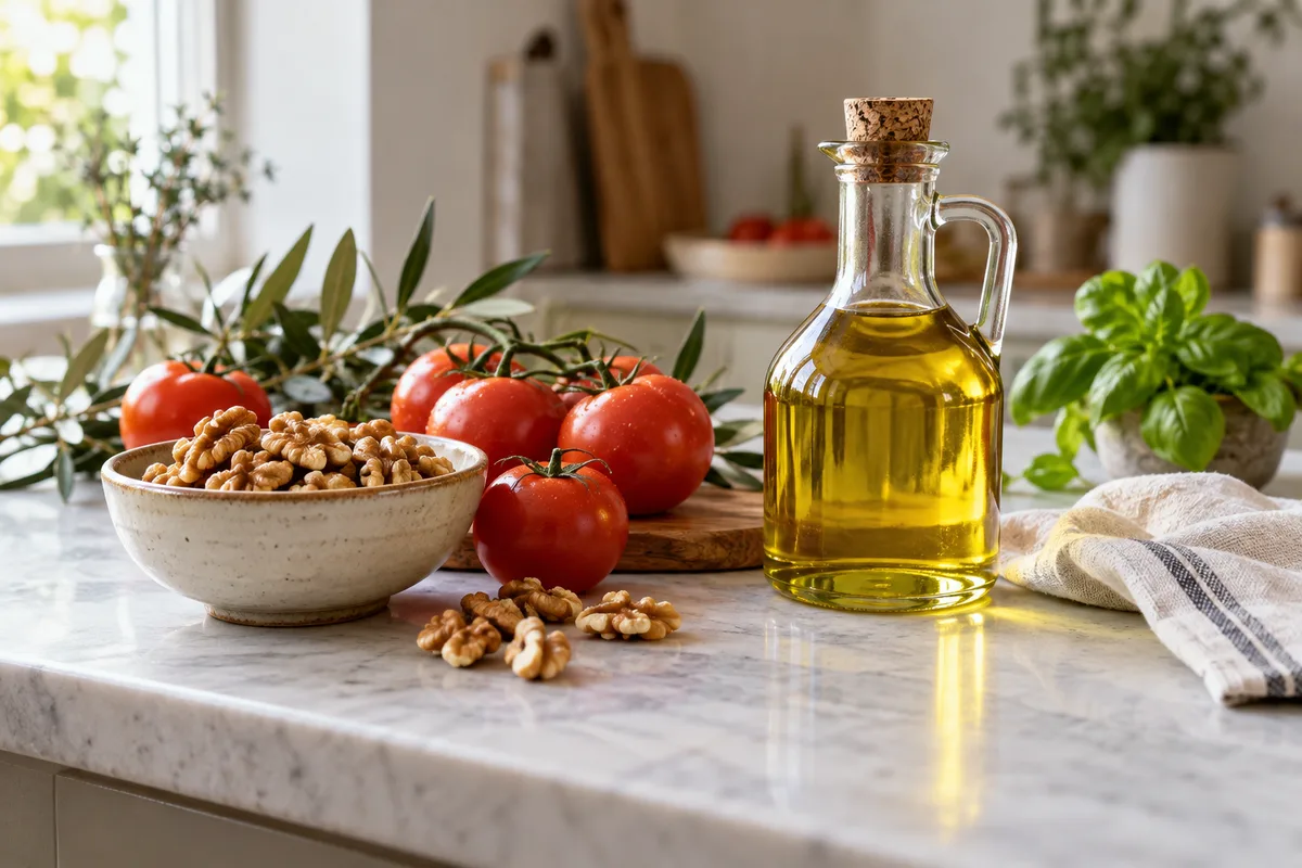 Olive oil, walnuts and tomatoes on a kitchen counter