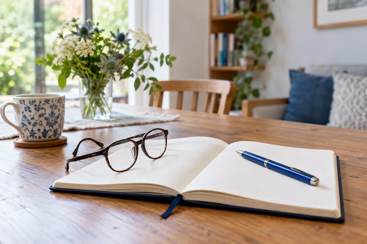 A notebook, glasses and pen for appointment questions